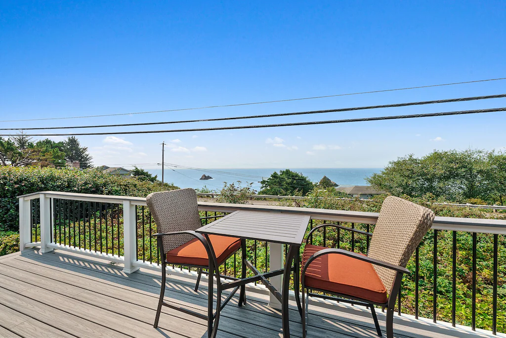 Deck overlooking ocean at Harris Beach Overlook, a Brookings Vacation Rental