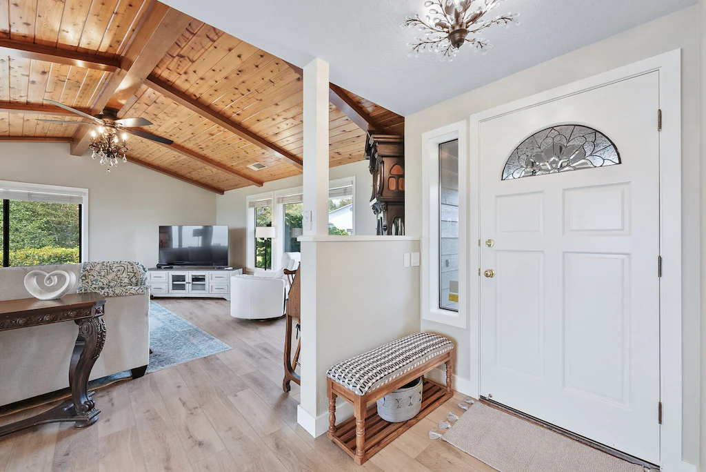 Entryway and vaulted living area at Harris Beach Overlook, a Brookings Vacation Rental