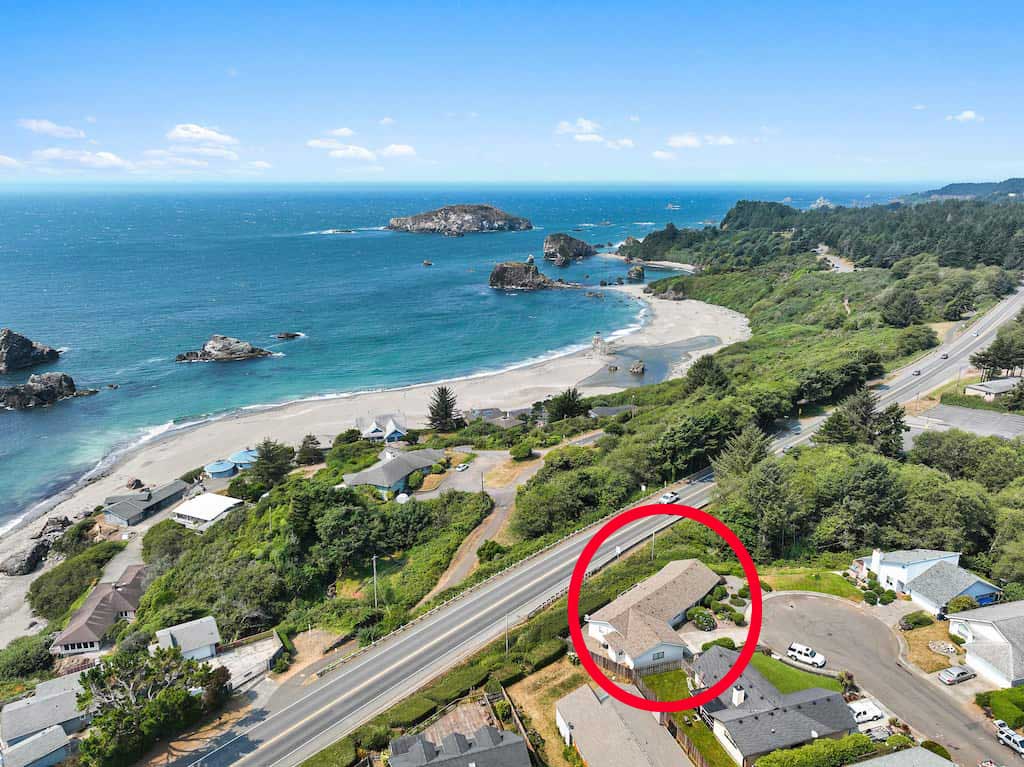 Aerial view overlooking Harris Beach Overlook, a Brookings Vacation Rental