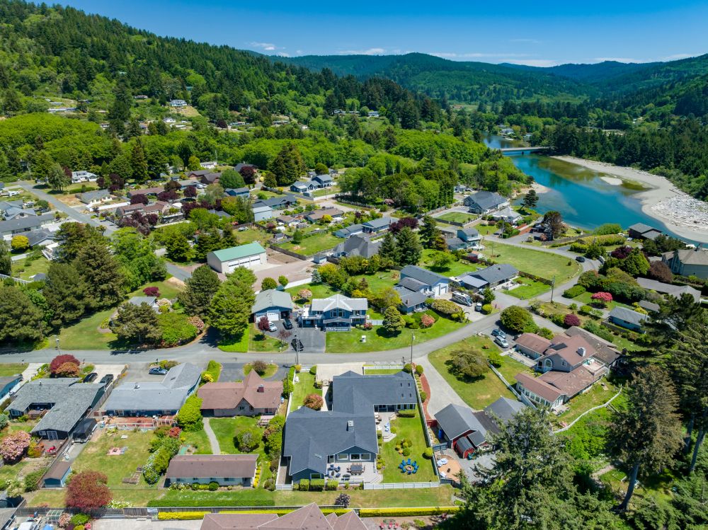 Aerial looking at Paradise Found (blue chairs) and proximity to river